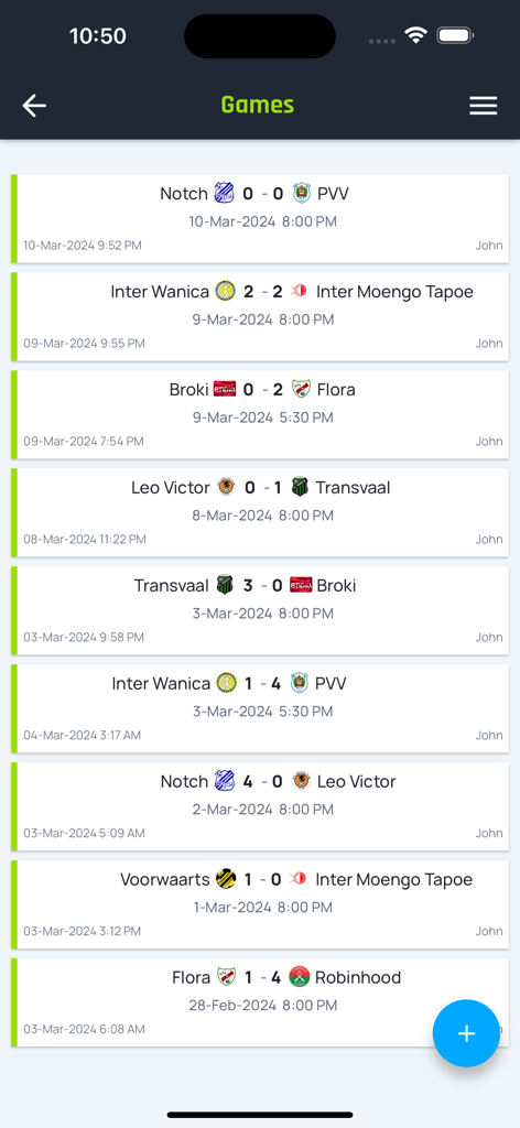 SML Manager - SML Manager app screen displaying a list of recent soccer match results and scores for the Suriname Major League