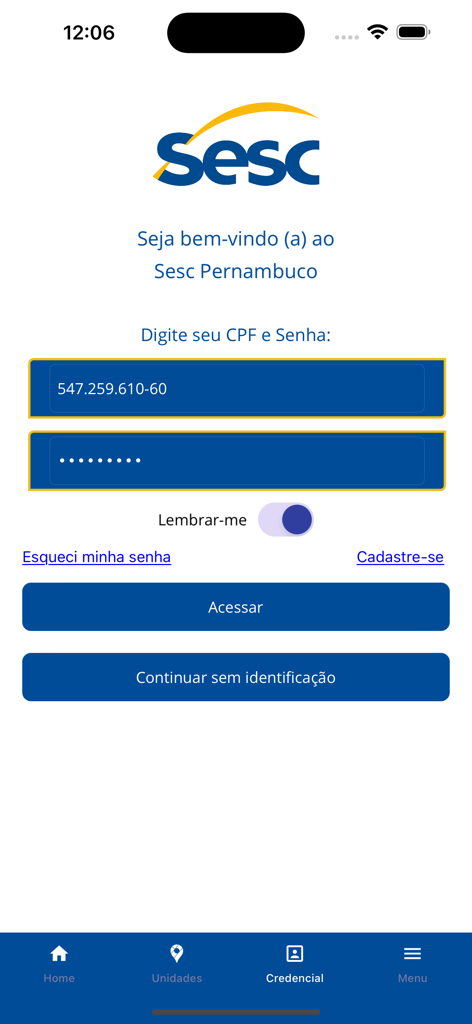 Schermata di accesso dell'applicazione mobile SESC PE con campi per CPF e password