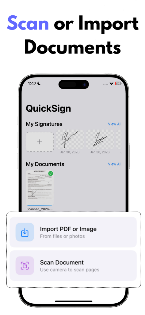 Signature Scanner: Quick Sign - QuickSign mobile app interface showing document scanning and PDF import options