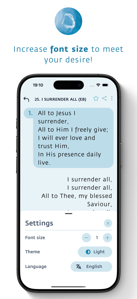 Settings menu in the Only Believe app showing font size adjustment and theme options for hymn lyrics