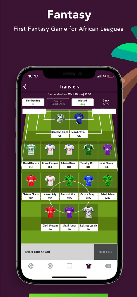 LiveBall - Interface of the LiveBall app showing the fantasy football squad selection for the Tanzania Premier League.