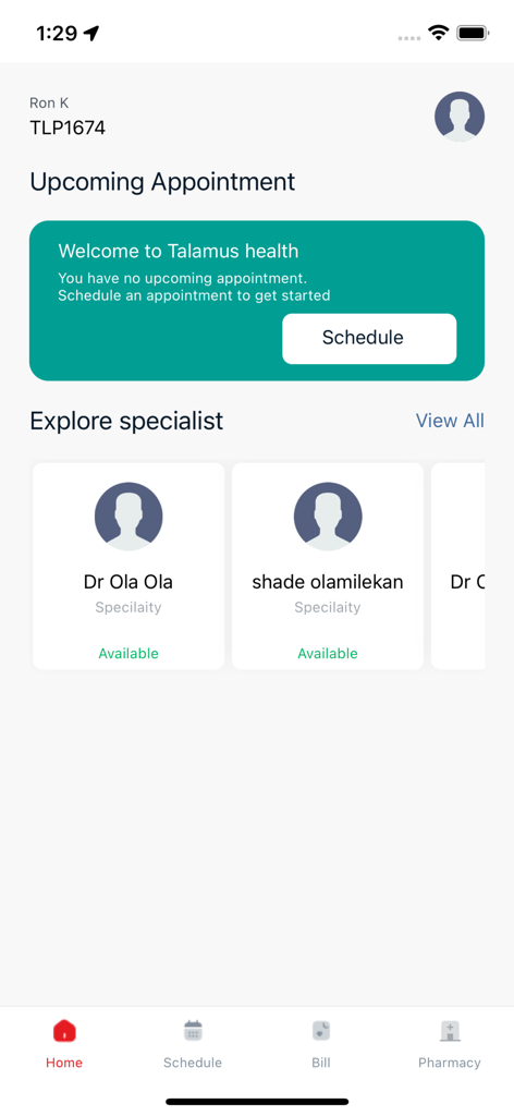 Talamus - Talamus mobile app dashboard showing options to schedule appointments and find healthcare specialists