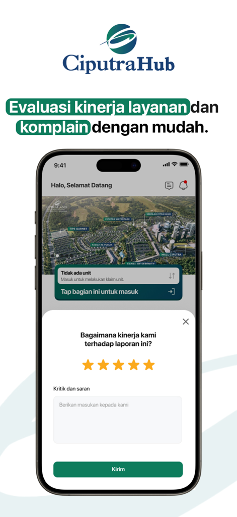 Ciputra Hub - Ciputra Hub app interface on a smartphone showing a service performance evaluation and feedback form.