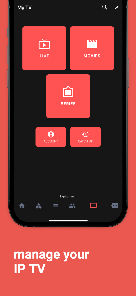 Tableau de bord principal de l'application IPTV Télévision montrant les catégories pour les films et séries TV en direct
