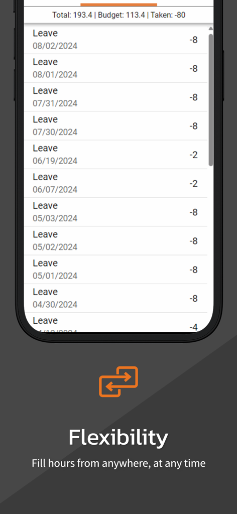 4PS Hours App - Mobile screenshot of the 4PS Hours App interface showing a list of recorded leave hours.