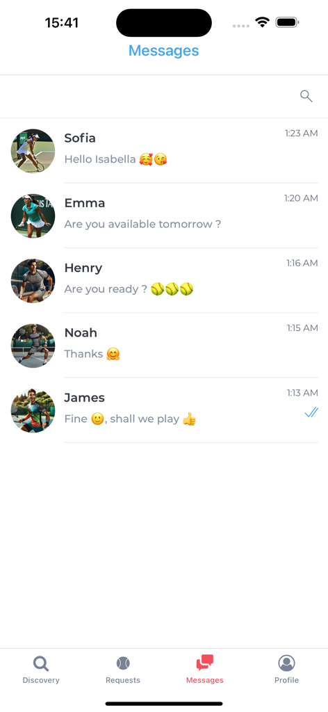 Tennis Partner - The messages interface of the Tennis Partner app showing active chats with other players