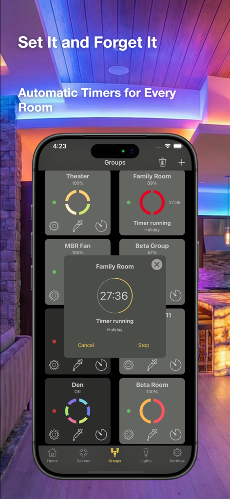 Hue Lights app interface showing automatic timers and smart home lighting groups for different rooms