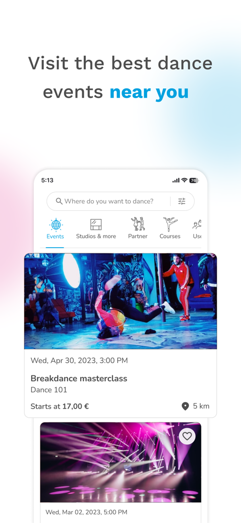 L'interfaccia dell'app Danceflavors che mostra un elenco di eventi di ballo locali e una barra di ricerca per trovare corsi di ballo.