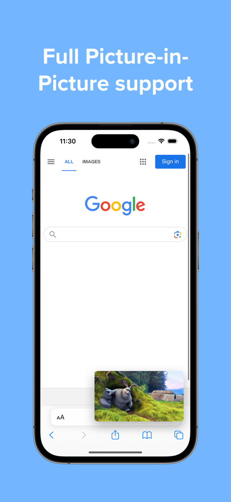 Video Player - PIP and more - Pantalla de smartphone mostrando la función picture-in-picture del reproductor de video mientras se usa un navegador web.