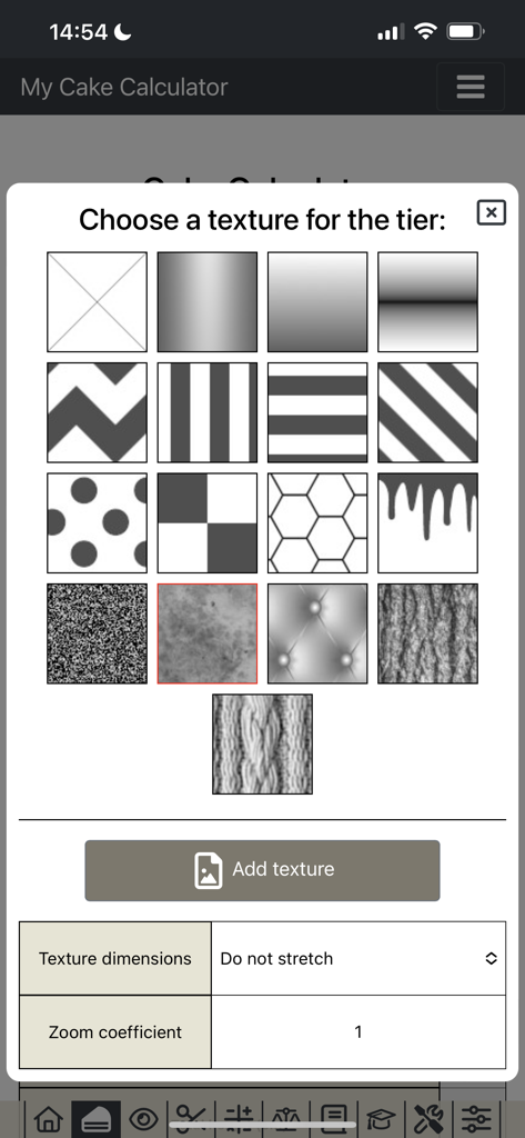 Texture selection menu for customizing cake tiers in the My Cake Calculator app