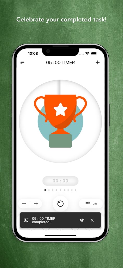 Interface do aplicativo móvel Time Timer Enterprise Edition mostrando um ícone de troféu para um temporizador concluído