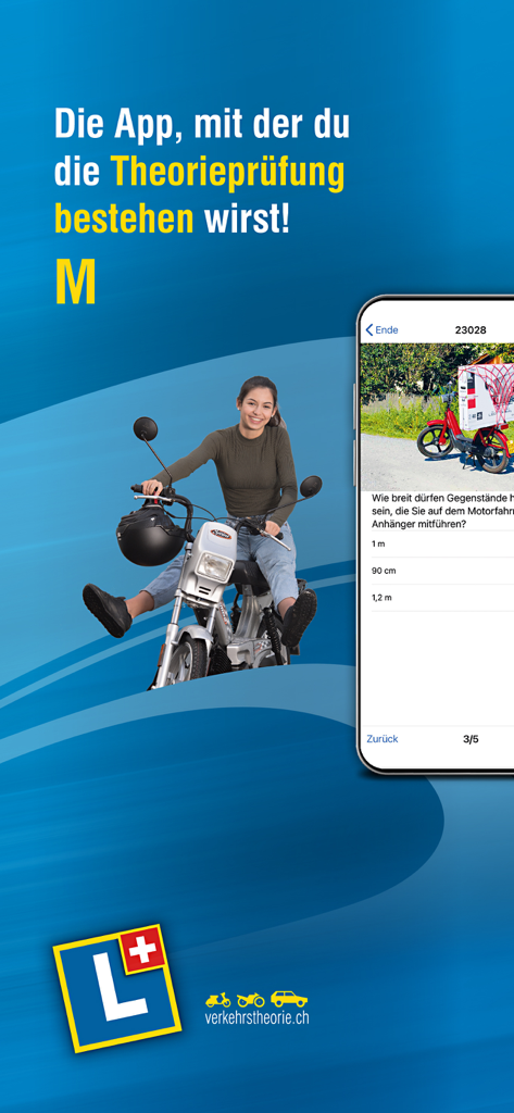 A woman sitting on a moped next to a smartphone displaying a Swiss driving theory test question for category M