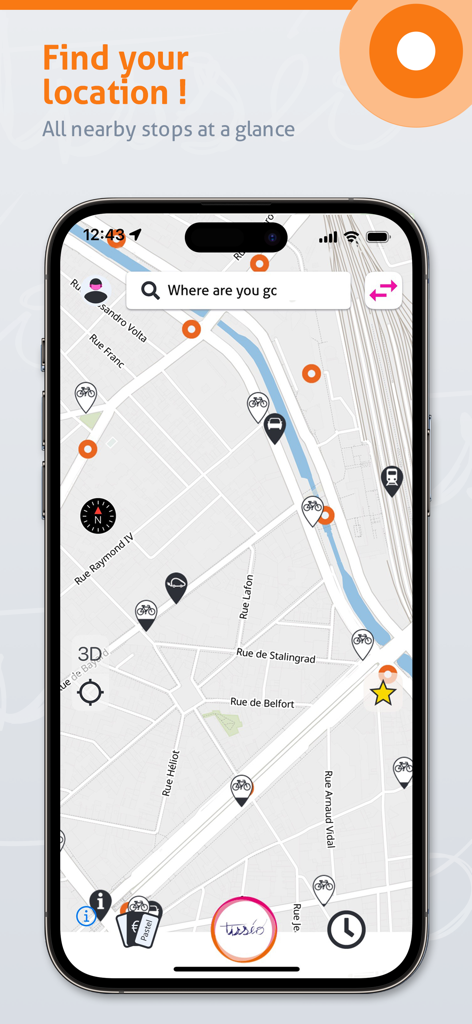 Tisséo: Metro, Tram, Bus - L'application Tisseo affiche une carte indiquant les arrêts de transport en commun et les stations de vélos à proximité.