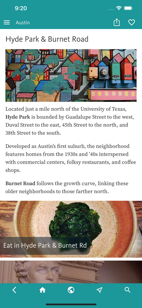 オースティン・ベスト旅行アプリ内のハイドパーク＆バーネットロード地区ガイド画面。地元のおすすめ情報や料理の写真が表示されている。