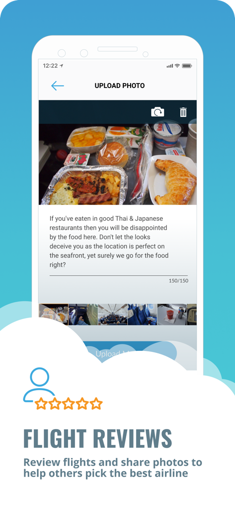 Fareboom Discount Flights - Mobile app interface showing a flight review with an uploaded food photo and user comments
