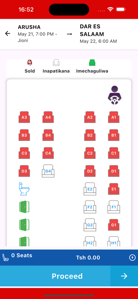 Abood Bus app interface for selecting seats on a trip from Arusha to Dar es Salaam