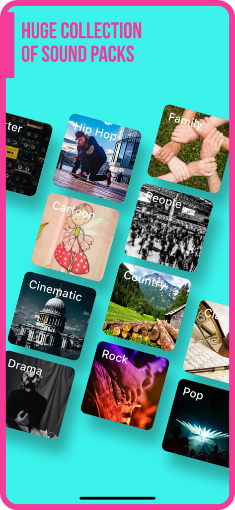 Add Music to Video :cut editor - A library of diverse music sound pack categories including Hip Hop Cinematic and Pop for video editing