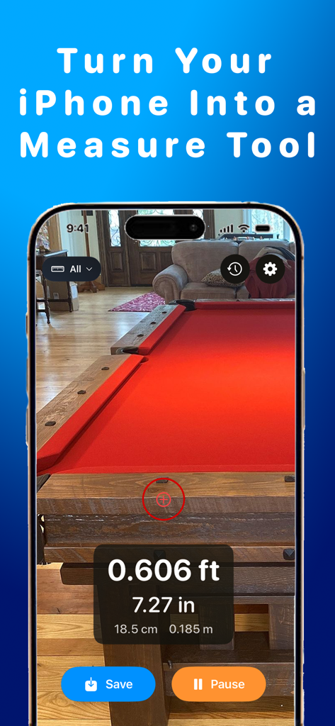 Distance Laser - Pantalla de iPhone que muestra la aplicación Distance Laser midiendo una mesa de billar con tecnología LiDAR