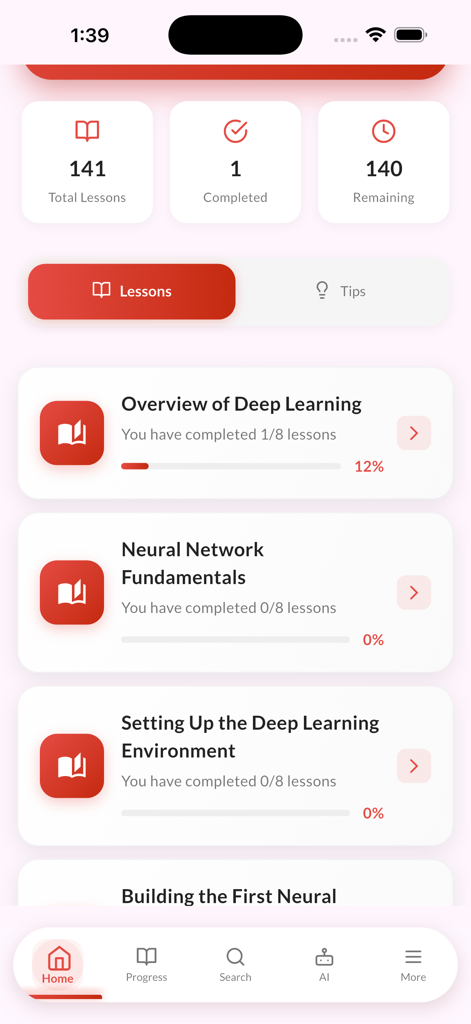 Learn Deep Learning with Ai - Tableau de bord de l'application Learn Deep Learning with AI affichant les modules de cours et la progression de l'apprentissage.