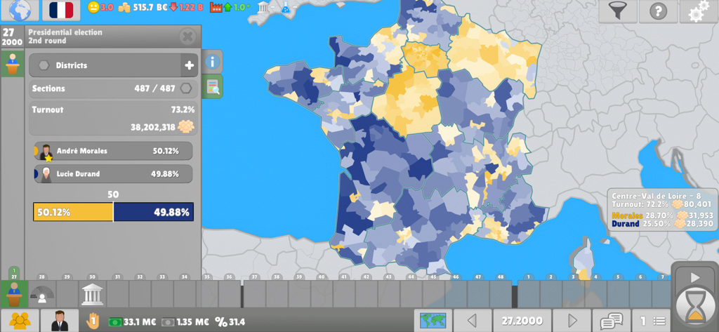 Lawgivers II - Eine politische Karte Frankreichs in Lawgivers II, die die Ergebnisse der Präsidentschaftswahl und Statistiken der Kandidaten zeigt.