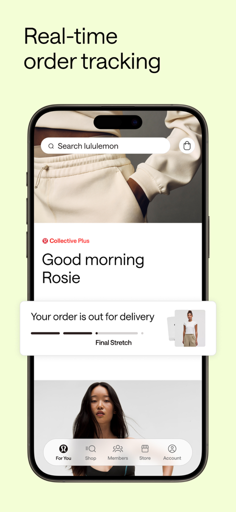 lululemon - iPhone screen displaying real-time order tracking and delivery notification in the lululemon mobile app