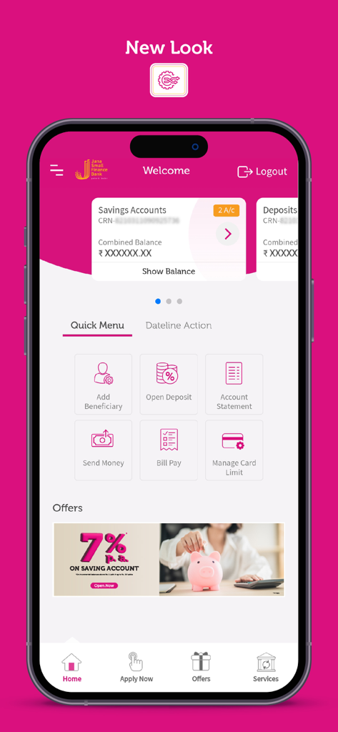 Jana Bank Mobile Banking - Dashboard of the Jana Bank mobile app showing account balance, quick menu options, and interest rate offers