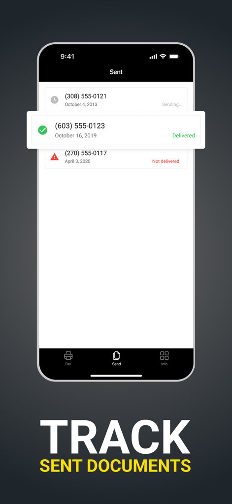Interface do aplicativo FAX online mostrando o status de entrega de documentos enviados em uma tela de iPhone.