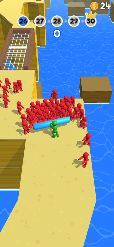 A green character pushing a crowd of red enemies off a platform in the mobile game Pushem all