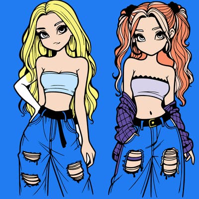 2 girls in crop tops and baggy jeans ripped
