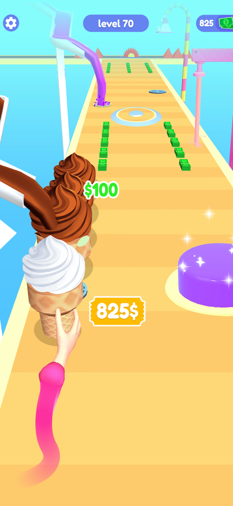 Bakery Stack Cooking Games - A hand stacking ice cream cones on a colorful 3D runner track with chocolate frosting being poured