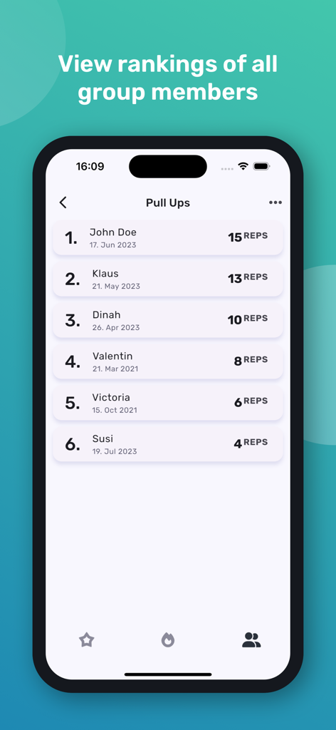 Personal Best - Record Tracker - Eine Gruppenbestenliste in der Personal Best App, die Ranglisten für Klimmzüge zeigt.
