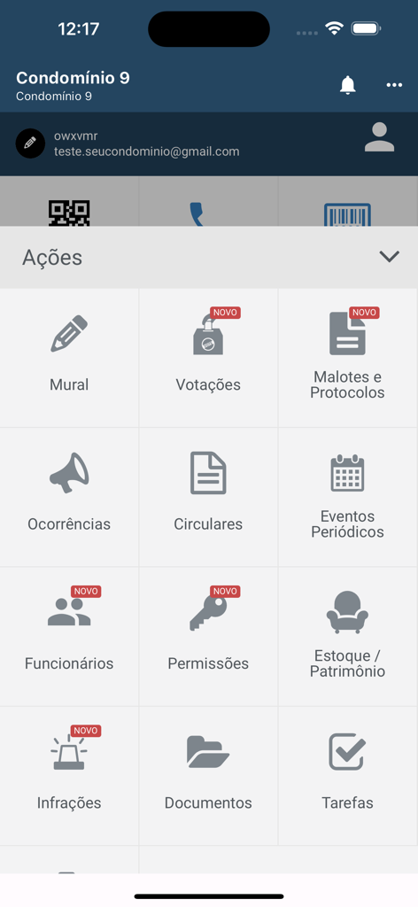 Seu Condomínio - Painel do aplicativo Seu Condomínio mostrando ações de gerenciamento e ícones administrativos
