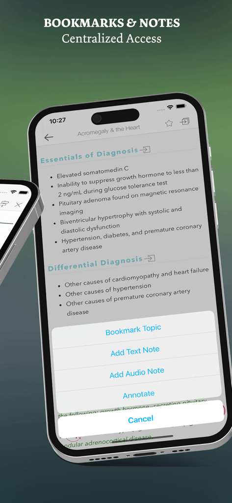 Un teléfono inteligente que muestra una interfaz de aplicación médica con opciones de marcadores y toma de notas sobre texto de cardiología clínica.
