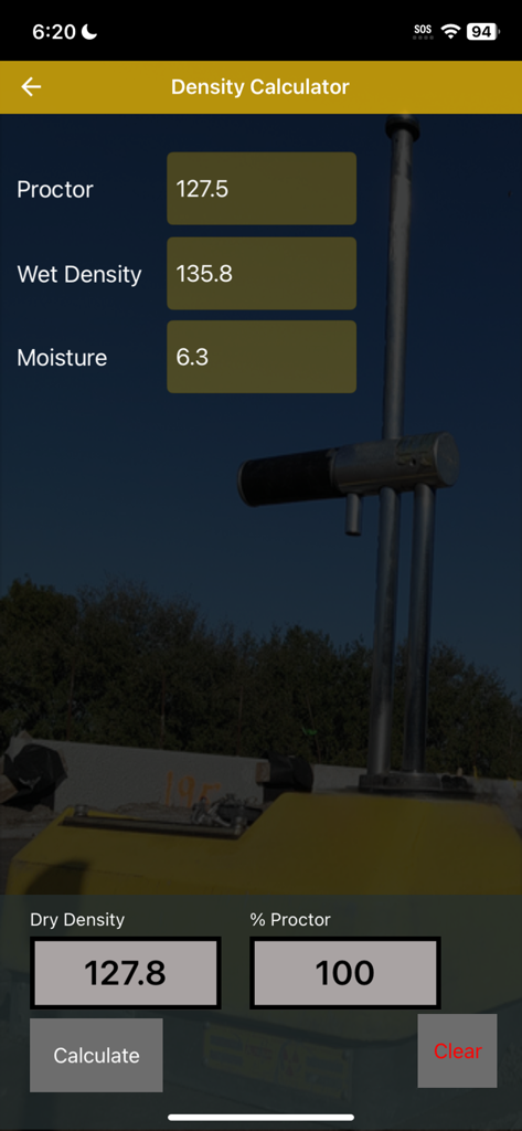 Water Cement Ratio And More - A screenshot of the Density Calculator interface in the Water Cement Ratio and More app for construction inspectors
