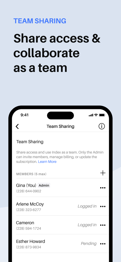 Team sharing screen in the Index app showing multiple members managing a business phone number.