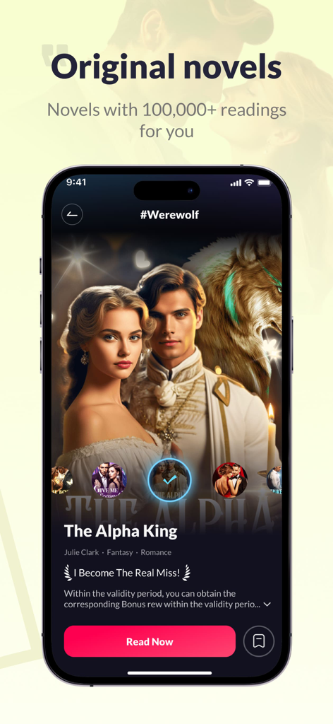 The Novelaria app interface showcasing an original werewolf romance story