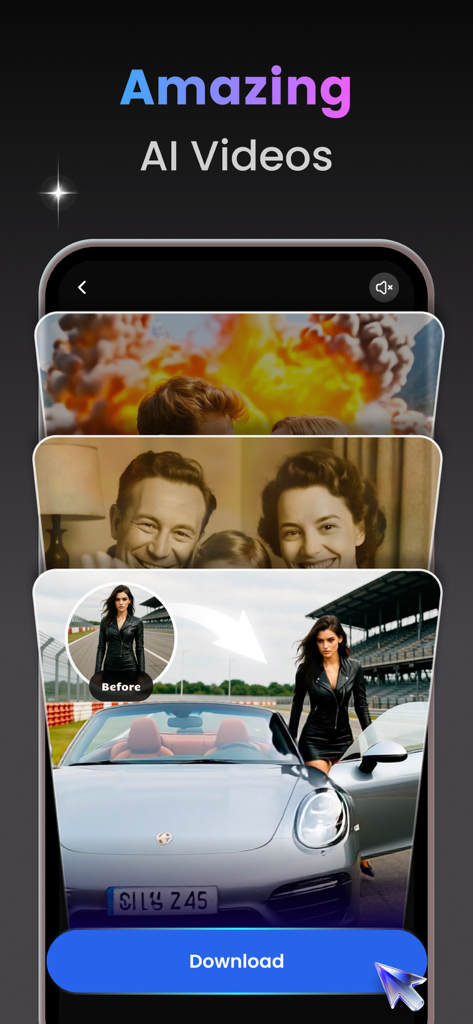 AI Video Generator & Photo AI - Mobile app interface displaying AI video generation capabilities with cinematic scenes and character rendering