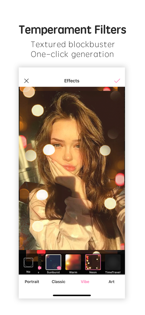 Photo Wonder app screenshot showing temperament filters and lighting effects on a portrait