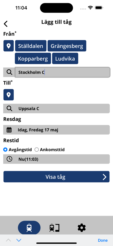 Mina Tåg - A search interface for adding train journeys with options for departure and arrival stations in Sweden