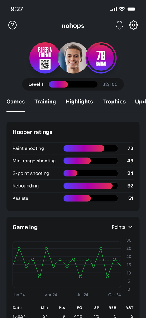 Hooper: Basketball - Hooper app screen showing a basketball player profile with skill ratings and a performance graph