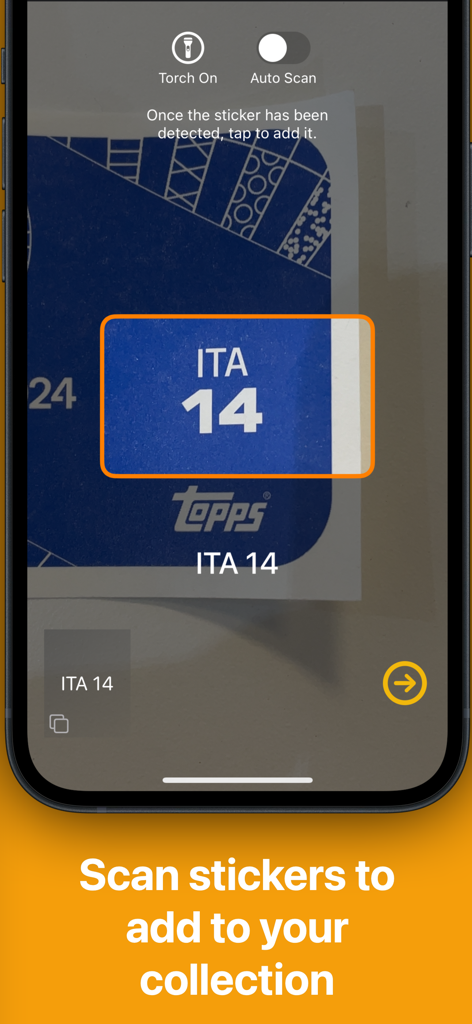 Stickers - Collect & Swap - Un smartphone scannant un sticker Topps pour l'ajouter automatiquement à un inventaire numérique dans l'application Stickers.