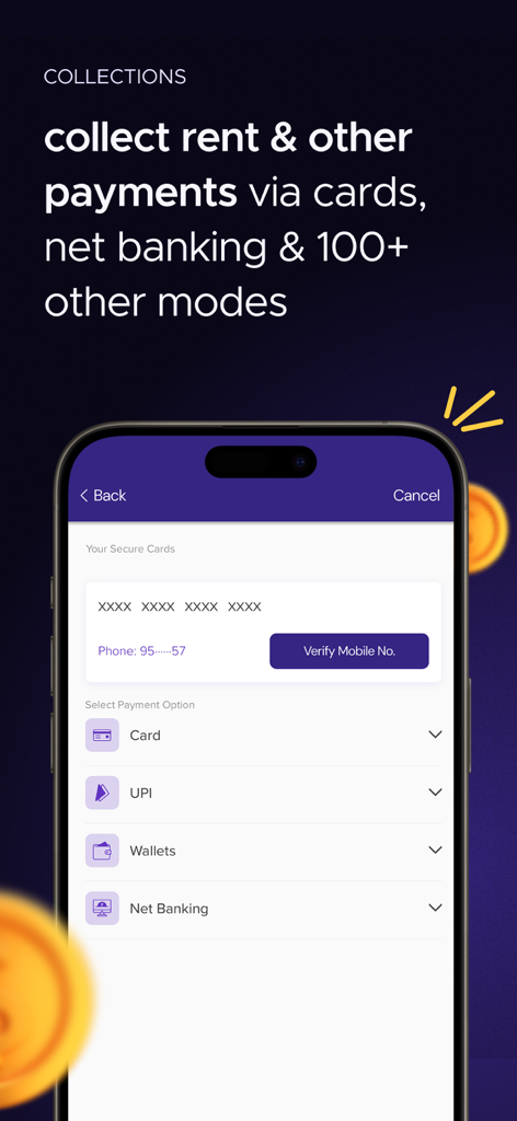 Crib: Property Management App - Una pantalla móvil que muestra la función de recaudación de la aplicación Crib con opciones de pago como Tarjeta, UPI, Carteras y Banca Neta.