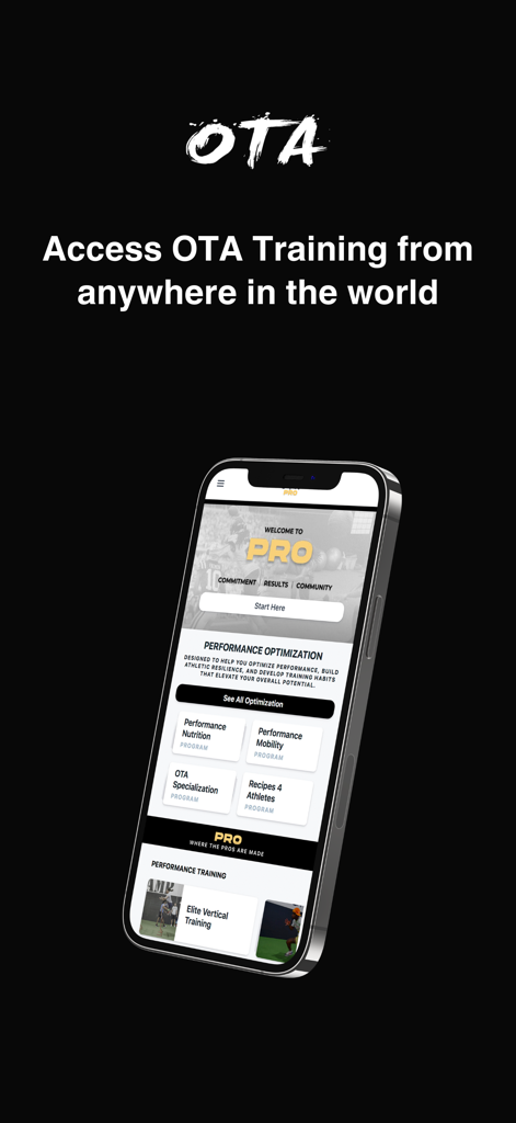 OTA Training - OTAトレーニングアプリのインターフェースが表示されたスマートフォン。様々なパフォーマンス最適化プログラムと「世界中どこでもアクセス可能」というスローガンが表示されている。