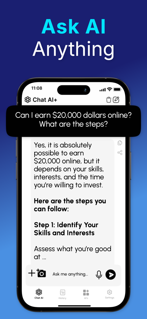 Chat+ AI: Safe & PIN-Protected - Chat interface of an AI assistant explaining how to earn money online.