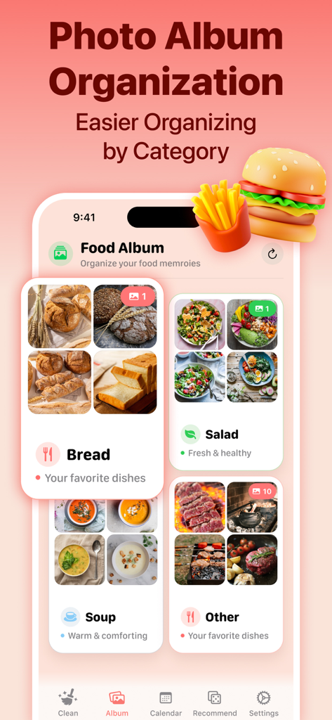 EatLog Album-Storage Cleaner - Interfaz de la aplicación EatLog que muestra fotos de comida organizadas en categorías como pan y ensalada