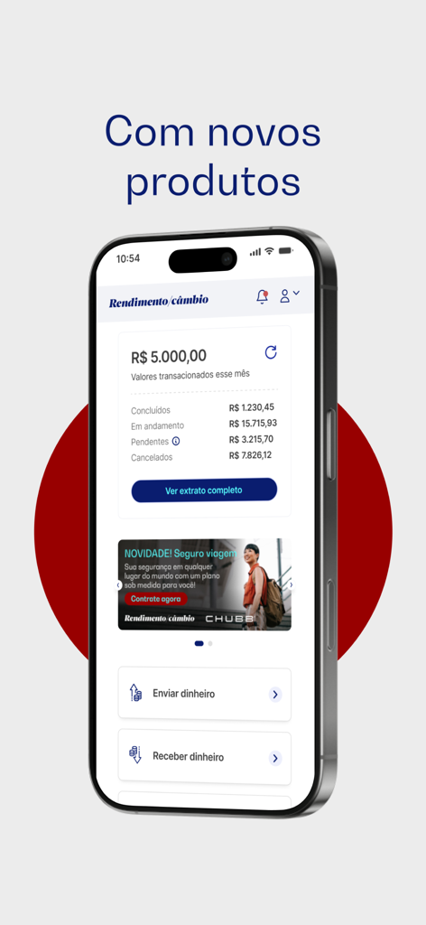 Rendimento Cambio App-Dashboard mit monatlichen Transaktionssummen und Geldtransferoptionen
