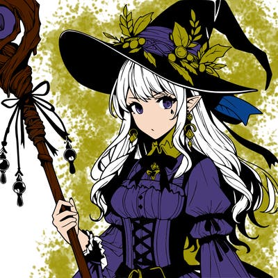 a realistic fantasy manga witch with a staff