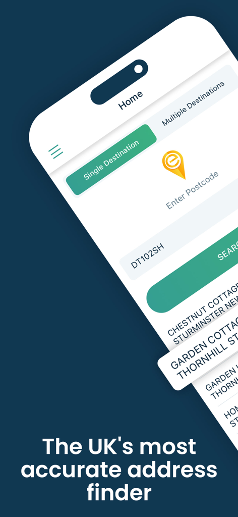The DelM8 mobile app home screen showing a postcode search interface for finding specific UK properties and cottages