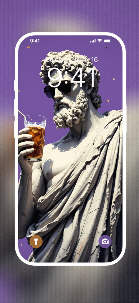 iPhone lock screen featuring a 4K aesthetic wallpaper of a marble Greek statue wearing sunglasses and holding a drink