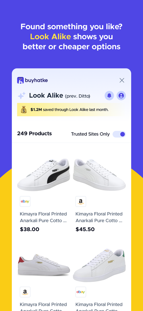 Buyhatke Price Tracker, Coupon - Buyhatke app Lookalike feature comparing prices for white sneakers across Amazon and eBay to find cheaper options